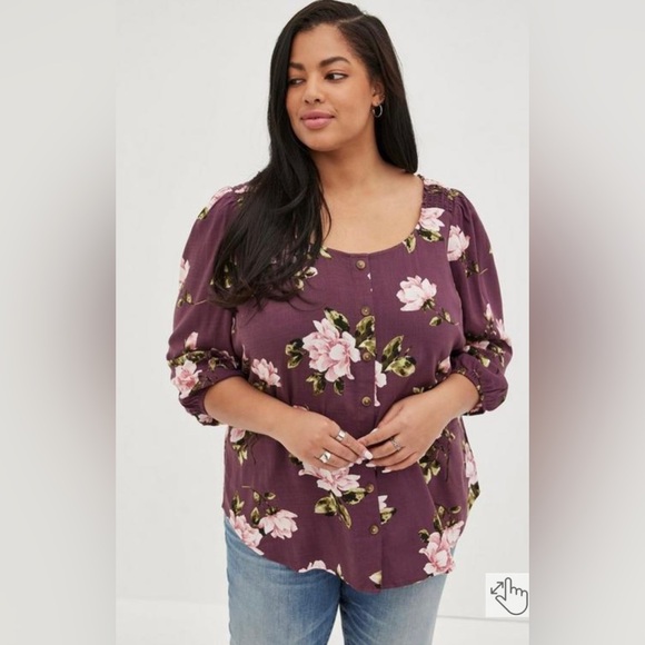Torrid top Rayon Slub Button-Front Puff Sleeve top blouse size 3X floral - Picture 2 of 11